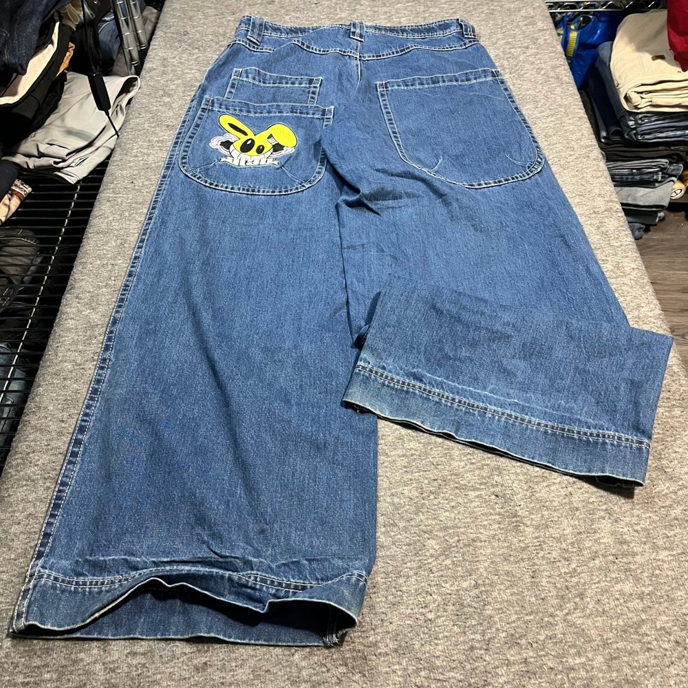 A-Lab Mens Wide Leg Baggy Bunny Embroidered Jeans Blue 32x33 rave wide leg